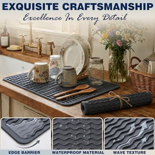 2 Pack Caketime Silicone Dish Drying Mat for Kitchen Counter Dining Placemats Shower Caddy Refrigerator Liners Essentials Heat Resistant Waterproof Trivets Pad Coffee Bar Items 15"x11.5" Milk