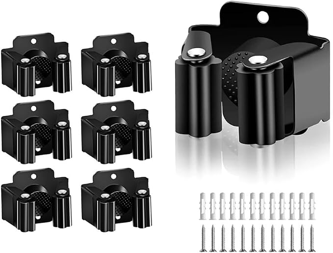 AKOAK Broom and Mop Rack Holder, Wall Storage Organizer, Screw Mount, Garden Tool Organizer Stainless Steel Mop Rack, Home, Kitchen, Bathroom, Garden, Garage Storage (6 PCS, Black)