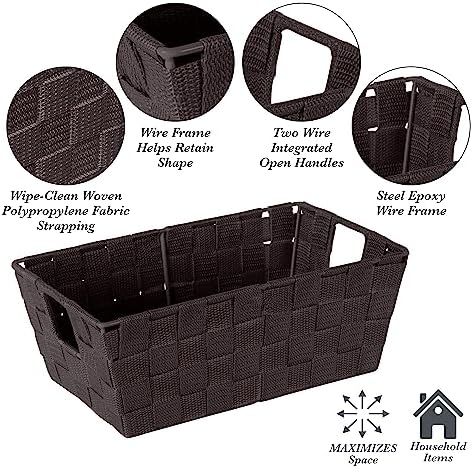 Simplify Small Shelf Woven Strap Tote | Decorative Storage Basket | Built in Handles | Organization | Closet | Bedroom | Bathroom | Nursery | Accessories | Toys | Gifts | 4 Pack | Chocolate