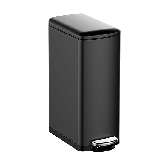 8Gal/30L Slim Kitchen Trash Can, Skinny Stainless Steel Garbage Can with Removable Inner Bucket & Soft Close Lid, Narrow Trash Bin for Bathroom Living Room Office, Black