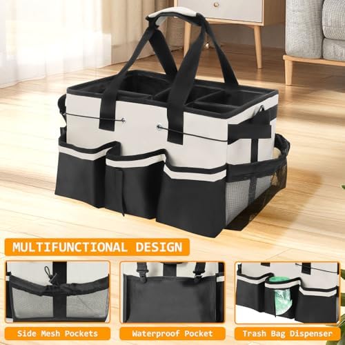 Cleaning Caddy Bag, Cleaning Supply Caddy, Cleaning Bags for Housekeepers, Under Sink & Car Cleaning Tool Organizers Bag with Handles and Shoulder Strap for Home, Craft, Car, Garden (White)