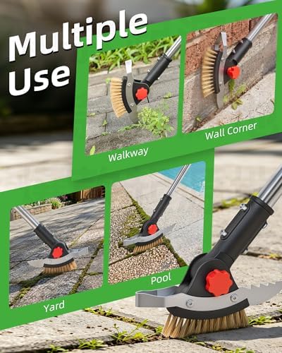 3-in-1 Crack Weeder Long Handle, Adjustable Crevice Weeding Tool with Stainless Steel Weed Brush and 2 Scrapers Weed Puller Tool for Driveway, Sidewalk, Lawn to Remove Weeds Moss Dirt (58.6")