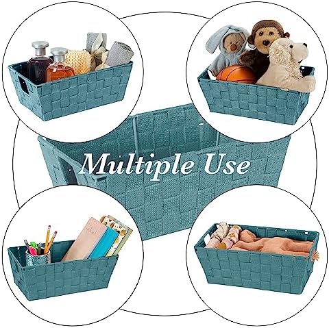 Simplify Small Shelf Woven Strap Tote | Decorative Storage Basket | Built in Handles | Organization | Closet | Bedroom | Bathroom | Nursery | Accessories | Toys | Gifts | 1 Pack | Sapphire