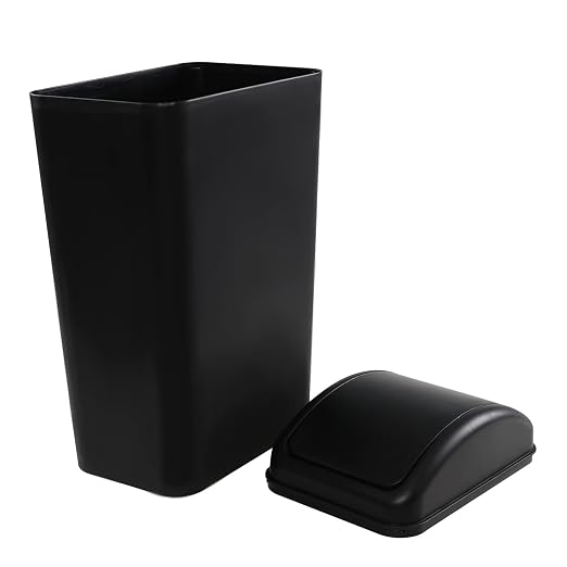 Plastic Trash Bin with Lid, Slim Trash Can, 3.5 Gallon, Black | Slim Garage Can with Swing Top Lid, 12 L Capacity, for Bedroom, Restroom, Bathroom