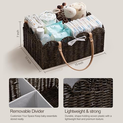 HBlife Baby Diaper Caddy Organizer, Large Portable Scalloped Plastic Wicker Woven Basket with Divider, Nursery Diaper Station, Baby Shower Gifts Basket, Car Organizer, Washable Waterproof