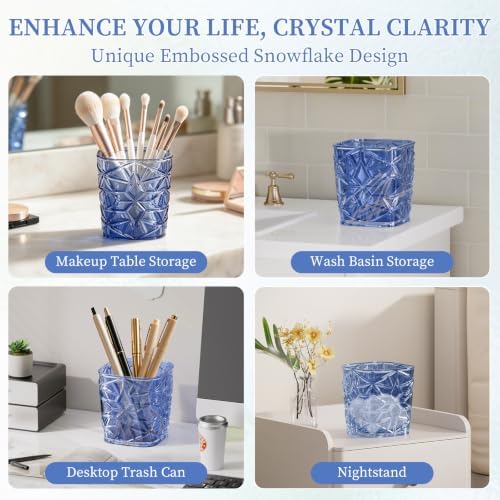 2-Piece Snowflake-Textured Acrylic Trash Can Set with 150 Drawstring Bags, 4 Gallon Sliver Press-Lid Wastebasket and Small Open-Top Desktop Bin for Bathroom, Bedroom, Office, Navy Blue