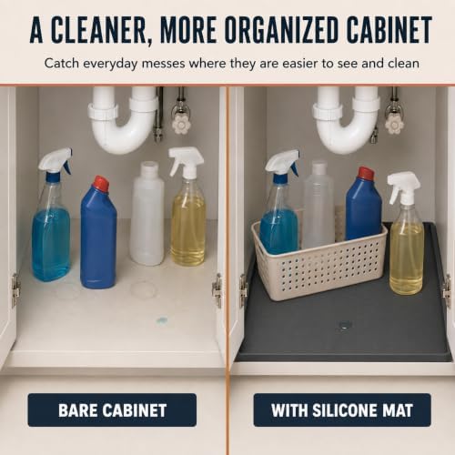 25” x 19” Silicone Under Sink Mat for Bathroom/Kitchen Cabinet Organizer Mat | Leak-Proof Waterproof Liner Pad & Anti-Spill Tray | 0.7in Edge Barrier, 3.5Gal Capacity