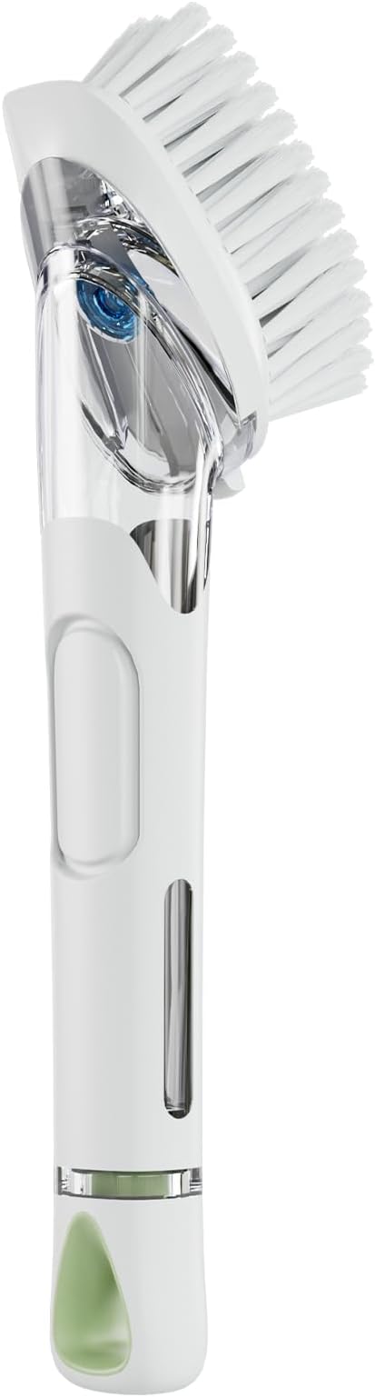 RIMAY Soap Dispensing Dish Brush Dish Scrubber with Soap Dispenser Handle | Dish Soap Brush and Dish Wand Heavy Duty Kitchen Cleaning Scraper Non-Scratch Scrubs Dishes, Pans, Sink, and Pots, White