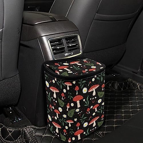 Car Trash Can with Lid and Zipper Boho Cottagecore Mushroom Ferns Print Leakproof Garbage Bag Hanging Back of Seat Auto Interior Accessories Portable Trash Bin Organizer and Storage Bag