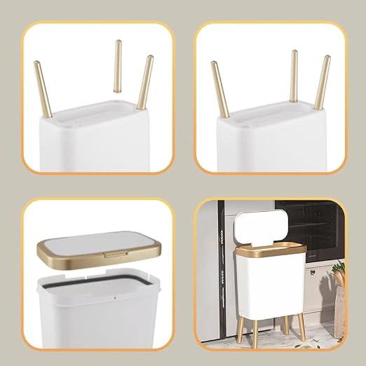 Procade 4 Gallon Bathroom Trash Can with Lid,Slim White and Gold Trash Bin | Bedroom Garbage can with Legs,Plastic Dog Proof Wastebaskets, Room Decor Bin for Kitchen,Office,Dorm,Laundry,Restroom,Rv