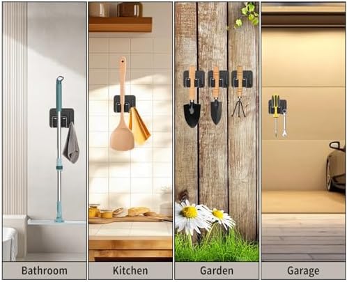 Broom Holder Wall Mount,Mop and Broom Holder Wall Mount Command | 3pcs Garden Tool Organizer,304 Stainless (Black)