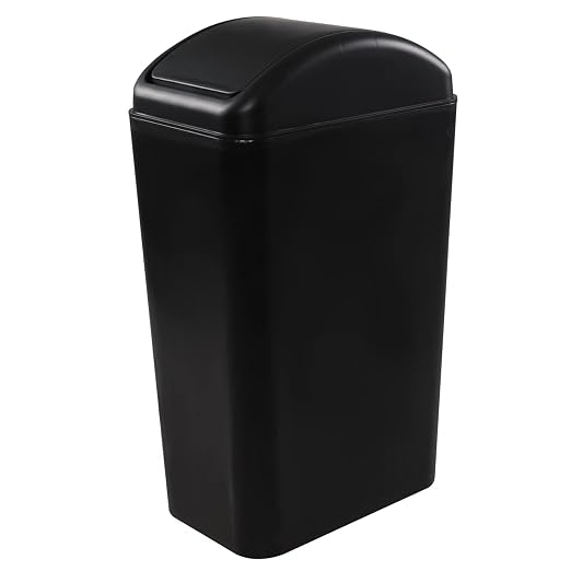 Plastic Trash Bin with Lid, Slim Trash Can, 3.5 Gallon, Black | Slim Garage Can with Swing Top Lid, 12 L Capacity, for Bedroom, Restroom, Bathroom