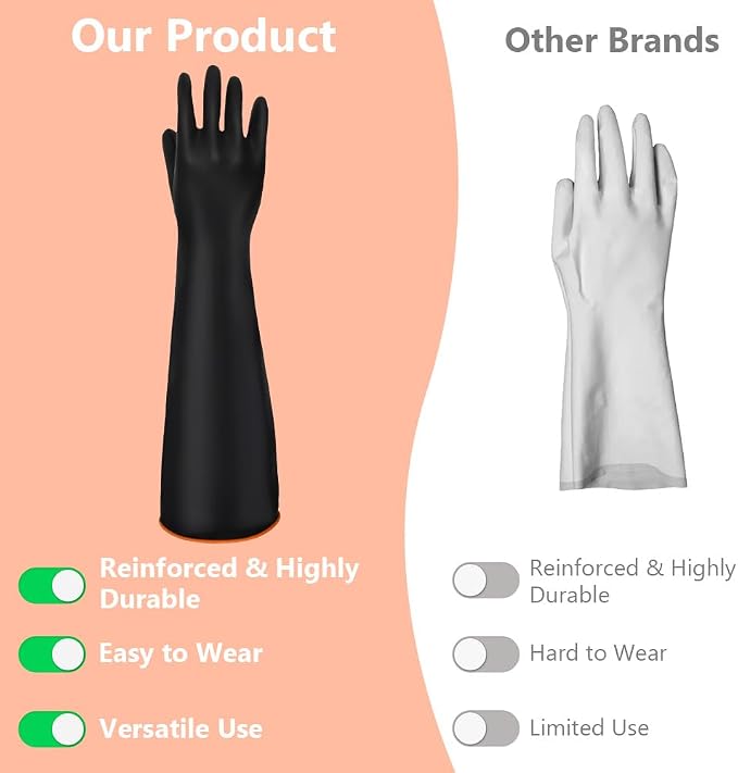AUAUY 14"/22" Chemical Resistant Gloves, Reusable Heavy-Duty Rubber Gloves | 1 Pair Non-Slip Long Cleaning Gloves, Waterproof and Breathable, Resist Strong Acid, Alkali and Oil for Household Industry