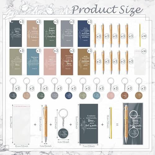 ANGOLIO 230Pcs Spanish Christian Flower Religious Gift Bulk Easter Gift Regalos Cristianos En Español Bible Verse Bamboo Pen Keychain Bookmark Inspirational Stationary Gift for Women Men VBS Church
