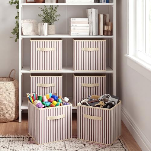 Amyhill 6 Pack Khaki Striped Basics Collapsible Fabric Storage Bins | with Handles, Foldable Storage Cubes, 11 Inch, Closet Decorative Organizer, Baskets for Shelves Units, Home, Dorm
