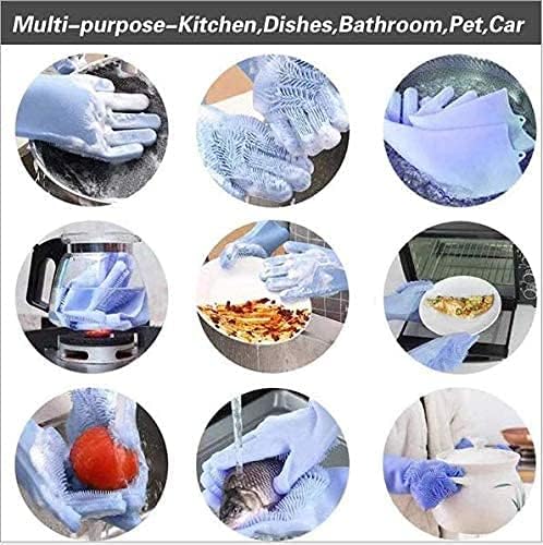 Silicone Dishwashing Gloves, Pet Grooming Rubber Scrubbing for Dishes, Sponge Wash Cleaning with Scrubbers (13.6" L)