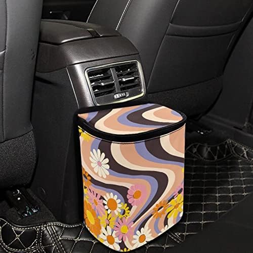 Boho Flower Hippie Daisy 70S 80S Wavy Swirl Y2K Aesthetic Car Accessories for Women Car Trash Can for Back of Seat Leak Proof Garbage Can with Lid and Zipper Collapsible Trash Bin Hanging