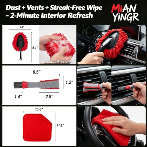 Windshield Cleaner Tool, 17Pcs Red Car Interior Detailing Kit | Stay in Seat, Inside & Out Streak-Free Clean, Extendable Handle, Cleaning Gels & Brushes, Pet Hair