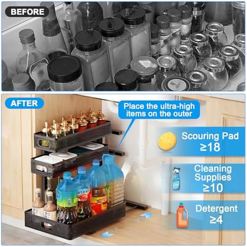 Under Sink Organizer,3-Tier Thickened Metal Pull out Cabinet OrganizerShelf | Height Adjustable Slide out Storage Drawer Rack for under sink organizer bathroom Kitchen,Laundry Room & Pantry