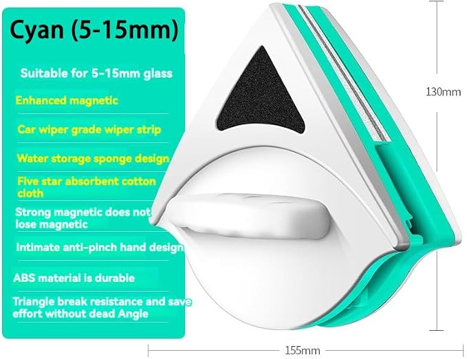 Window Cleaner, Magnetic Window Cleaner, Sponge Wiper Cleaning Brush Double Sided, Upgrade Magnetic Glass Cleaner Tool (Cyan (Applicable to 5-15mm))
