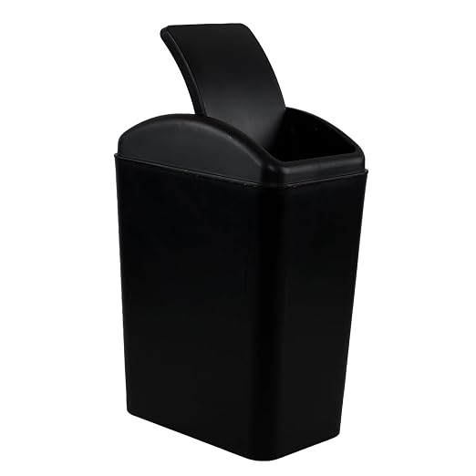 Slim Trash Can, 4.2 Gallon Black Swing Lid Garbage Bin | Space-Saving Narrow Design, Black Plastic, Swing-Top Cover Helps Contain Odors, for Bathroom, Bedroom, Office