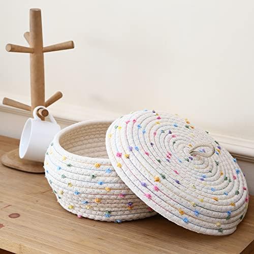Sea Team Round Woven Cotton Rope Storage Basket with Lid, Rainbow | Decorative Colorful Pompom Knitted Storage Bin, Pot, Caddy, Organizer, Container for Snacks, Towels, Plants, 10 x 4.5 Inches