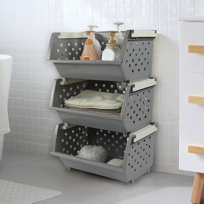 3-Pack Plastic Stackable Storage Bins, Multi-functional Basket, Grey | Stacking storage baskets, versatile open-front design for easy access to daily items