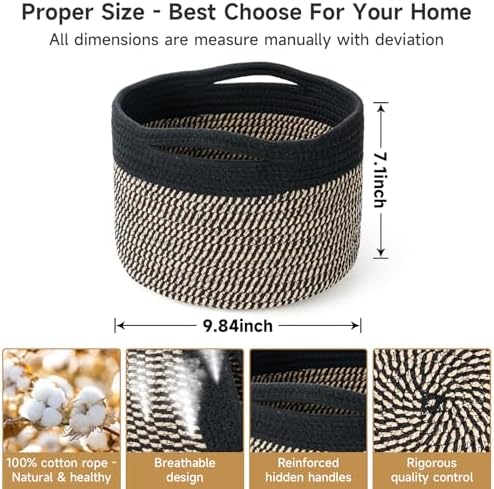 3 Pack Small Rope Storage Baskets, 9.82×9.82×7.1", Brown+Black | Cotton Basket for Gifts Empty, Cute Round Woven Basket, Decorative Shelf Basket Organizer, Organizing Basket for Shelves