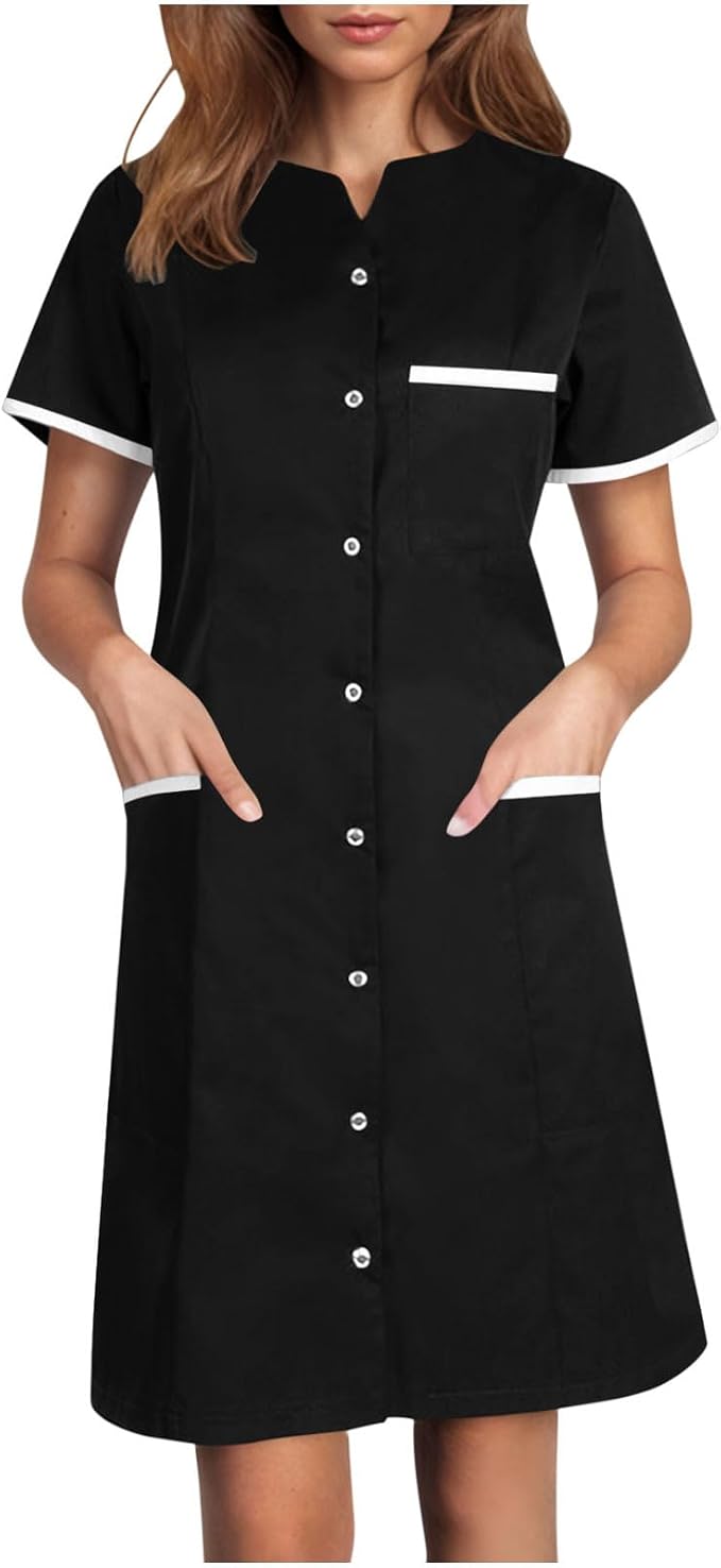 Scrubs Dress for Women - Button Front Nursing Workwear - Casual Housekeeping Dresses with Pockets