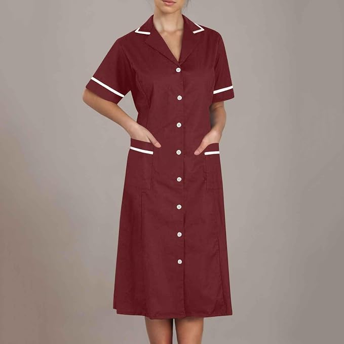 Women's Short Sleeve Work Dress Lapel Button Front Nursing Workwear Casual Housekeeping Scrubs Dress with Pockets
