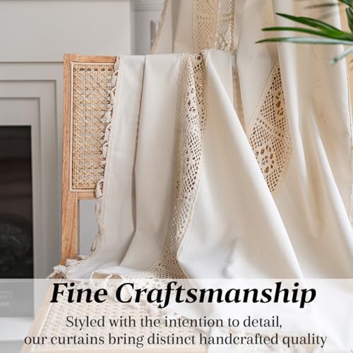 Sutuo Home Boho Curtain Crochet Lace Patchwork Semi-Blackout Bohemian Handmade Tassels, Rod Pocket Window Treatment Vintage Rustic Farmhouse Drapes for Bedroom, 1 Panel 59" W x 96" L, Beige