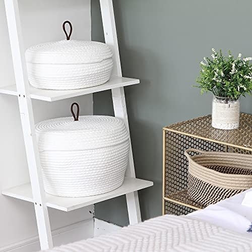 Sea Team Round Woven Cotton Rope Storage Basket with Lid, White | Lidded Knitted Decorative Storage Bin, Pot, Caddy, Organizer, Container for Snacks, Towels, Plants, 13 x 9 Inches