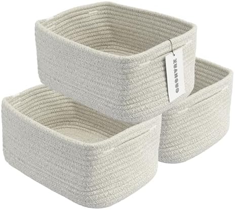 XUANGUO Small Woven Storage Baskets for Shelves, 12" x 8" x 5", Gray | Decorative rope storage bins for closets and toy storage; cute organizer baskets, empty gift baskets and nursery storage.