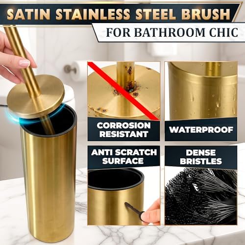Gold Toilet Brush and Holder Set, Freestanding, Splash Protection | Stainless Steel Toilet Brush and Holder Set for Bathroom Cleaning; Dense Bristles; Removable Bowl; Detachable Long Handle