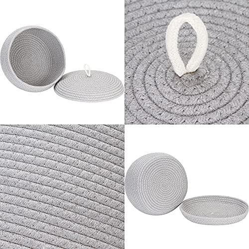 Sea Team Round Woven Cotton Rope Storage Basket with Lid, Gray | Lidded Knitted Decorative Storage Bin, Pot, Caddy, Organizer, Container for Snacks, Towels, Plants, 13 x 5.5 Inches