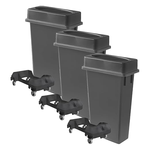 3 pack 23 Gallon Waste Bin with Lid & Dolly, Heavy-Duty Trash Can, Slim Rectangular Garbage Bin, Durable Waste Container, Recycling Bin, Plastic Wastebasket for Kitchen, Garage, Restaurants, Office