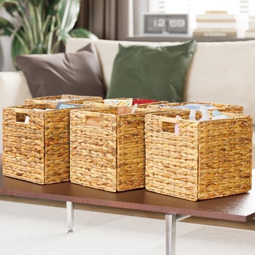 SpaceAid 6 Pack Wicker Basket, Storage Baskets for Organizing, Woven Rattan Basket with Handles for Shelves, Water Hyacinth Large Cube Organizer Storage Bin, 12x12x12 inch, Natural
