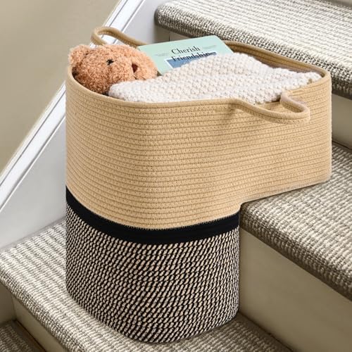 Stair Basket for Wooden & Carpeted Stairs, Foldable Cotton Rope Step Basket with Handles, Staircase Storage Organizer, Brown&Black, 15" Lx 10" W x 15" H