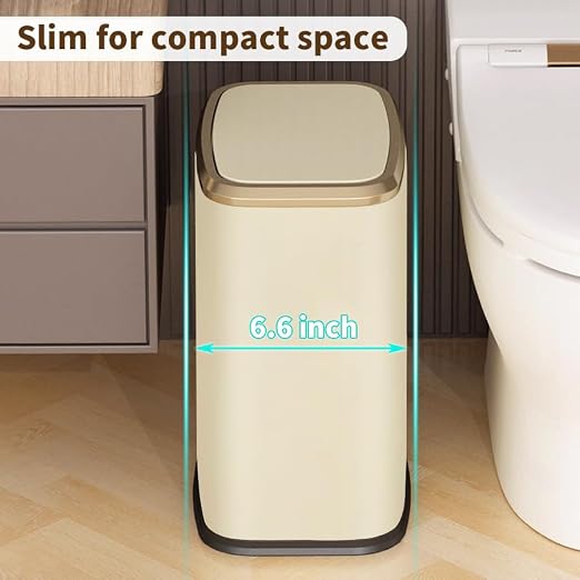 2 Gallon Small Office Bathroom Trash Can with Swing Lid,Living Room Bedroom Garbage can Wastebasket bin,Inner Bucket,Metal Decor Trash Can (Cream White)
