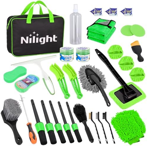 Nilight 37PCS Car Detailing Kit for Interior Exterior Car Care, Green | car wash cleaning kit with storage bag, Deep Clean Car Care Glass Windshield Dashboard Seat Air Vents Wheels Tires