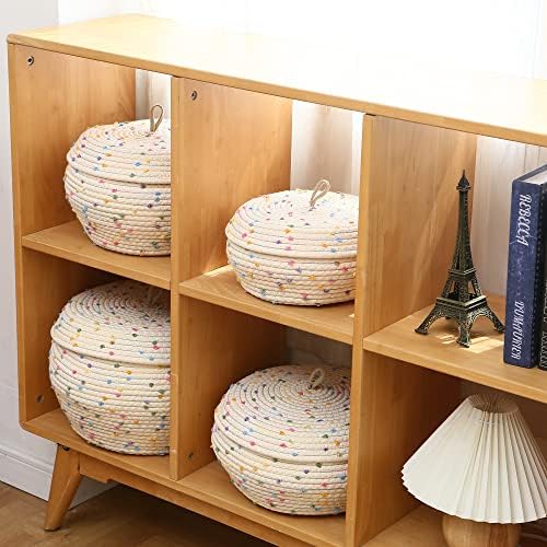 Sea Team Round Woven Cotton Rope Storage Basket with Lid, Rainbow | Decorative Colorful Pompom Knitted Storage Bin, Pot, Caddy, Organizer, Container for Snacks, Towels, Plants, 13 x 9 Inches