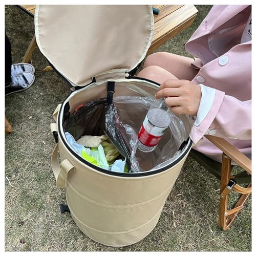 Pop up Camping Trash can with lid,Collapsible 24 Gallons Trash can with Sorting Clips,Garden Garbage Bag with Lid,Lawn and Leaf Bags - Reusable Yard Waste Bags (Beige Coffee)