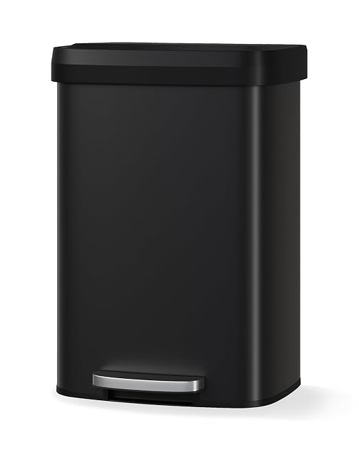 GarveeHome 13 Gal / 50 L Step-on Trash Can, Large Metal Kitchen Garbage Bin with Soft Close Lid, Rustproof Stainless Steel Trash Can, Inner Bucket Rim & Rear Handle, Black