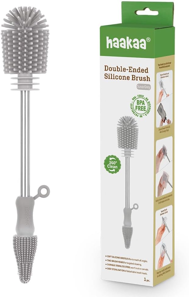 Haakaa Food-Grade Silicone Double-Ended Cleaning Brush (Brush-Grey) | Household Cleaning Brushes Food-Grade Silicone Dishwasher Safe