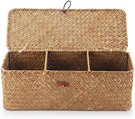 DECRAFTS Seagrass Storage Basket with Lid Rectangular Small Woven Shelf Baskets with Sections for Organize Snack Toys Tampon