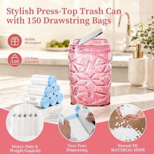 2-Piece Snowflake-Textured Acrylic Trash Can Set with 150 Drawstring Bags, 4 Gallon Sliver Press-Lid Wastebasket and Small Open-Top Desktop Bin for Bathroom, Bedroom, Office, Pink