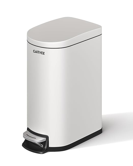 Garvee 2.6 gal / 10 L Metal Bathroom Trash Can with Lid, Slim Waterproof Garbage Can for Bedroom, Small Step-on Trash Bin with Inner Bucket, Rear Handle, Soft Close Lid, White