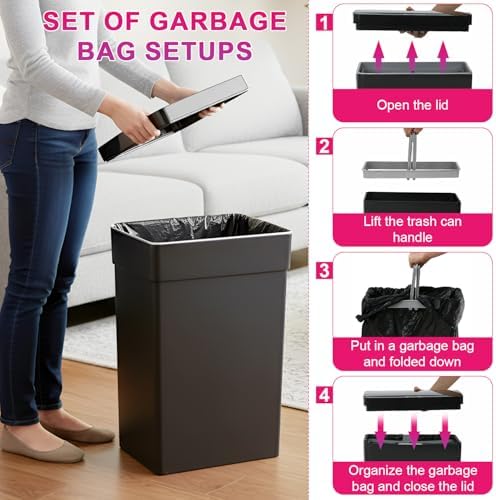 PayLessHere | 13 Gallon Plastic Trash Can with Lid | Black | Automatic Touchless Garbage Can | Waterproof & Easy to Clean | For Kitchen, Bathroom, Home or Office | Pack of 3