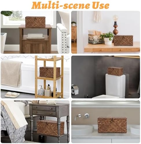 Sumnacon Wicker Basket with Lid,Tampon Holder for Bathroom,Coffee,Medium | Natural Seagrass Female Product Organizer for Toiletries Pad Tampon Storage,Farmhouse Woven Baskets for Shelf, Toilet Tank