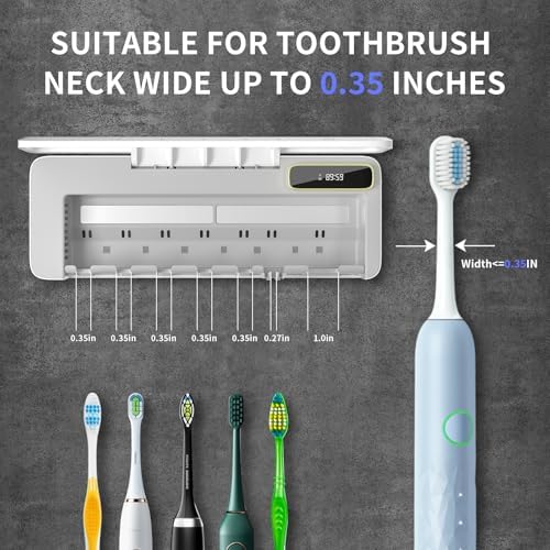 UV Toothbrush Sanitizer Holder for Bathrooms, 5+1+1 Slots Toothbrush Sanitizer and Holder, Rechargeable Cordless Wall Mounted Tooth Brush Holder with Heating Functions, No Drilling (White)